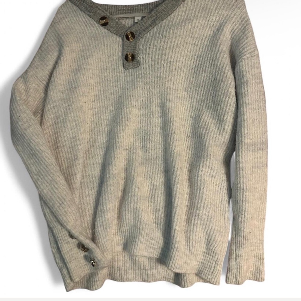 Gray Ribbed Sweater with Button Accents